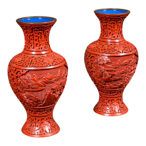 Pair of Vintage Cinnabar Baluster Vases, Oriental, Lacquer, Cloisonne, Posy Urn