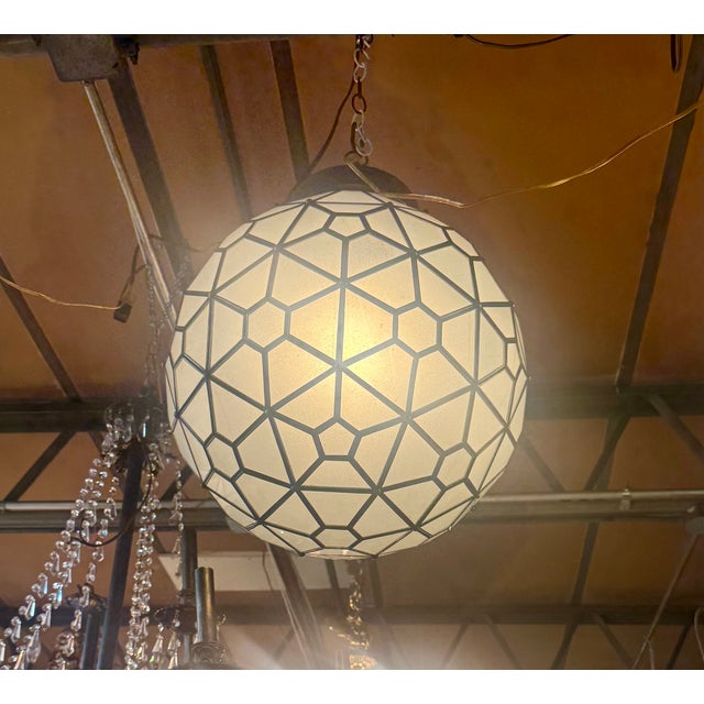 Art Deco Style Round Chandelier or Pendant, Milk Glass & Brass Inlay, a Pair For Sale - Image 14 of 17