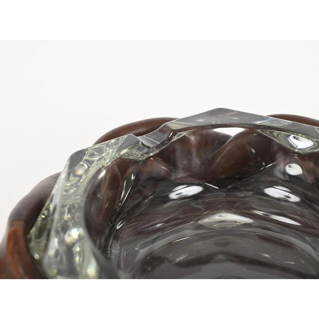 Adnet Brown Curved Leather and Crystal Glass Ashtray, 1950s For Sale - Image 10 of 15
