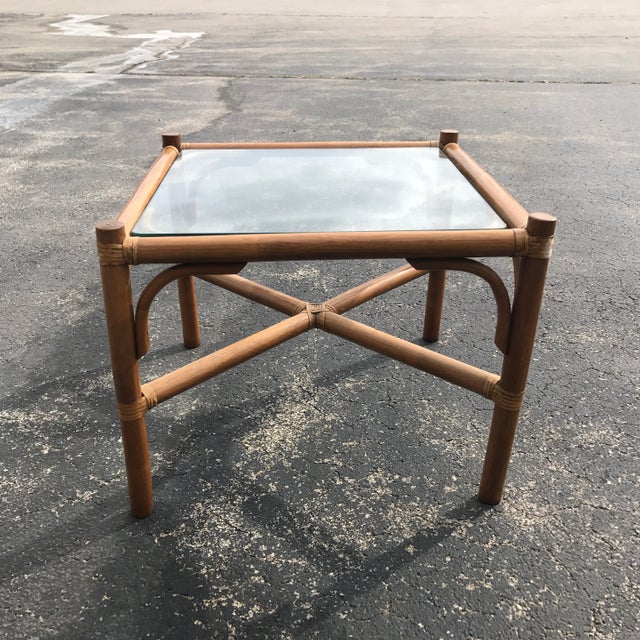 Mid Century Modern square rattan and glass end table. Matching coffee table in separate listing.