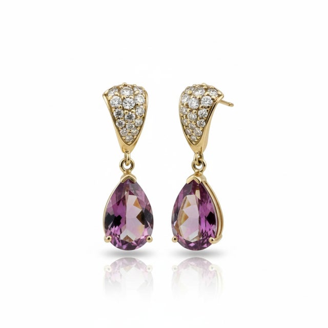 14k Yellow Gold Diamond and Natural Pink Topaz Dangle Earrings, A Pair For Sale In New York - Image 6 of 11