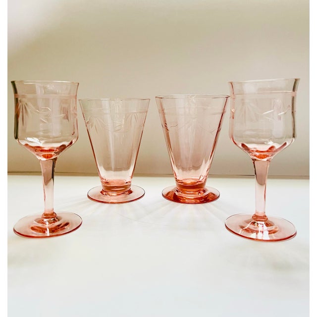 Pink Vintage Pink Glassware Set- 2 Wine Glasses & 2 Footed Tumblers For Sale - Image 8 of 12
