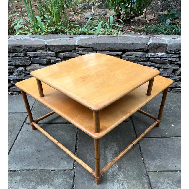 Wood Heywood Wakefield Ashcraft Coffee / Side Table Two Tiered Rattan Trim For Sale - Image 7 of 10