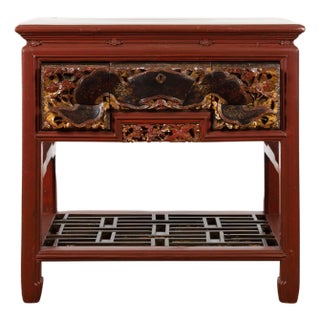 Chinese Red Lacquered Console Table with Hand Carved Drawers and Geometric Shelf For Sale