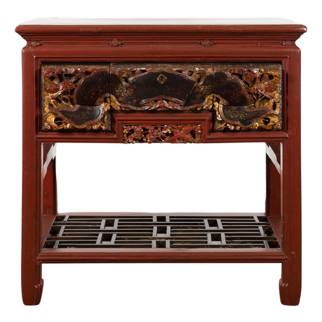 Chinese Red Lacquered Console Table with Hand Carved Drawers and Geometric Shelf For Sale