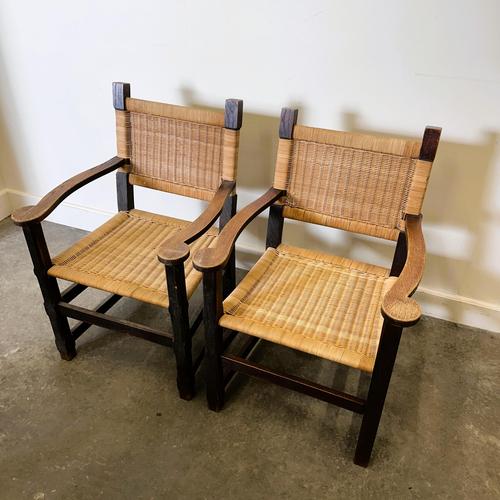 Vintage French Oak and Rattan Armchairs, 1940s, Set of 2 For Sale - Image 6 of 9