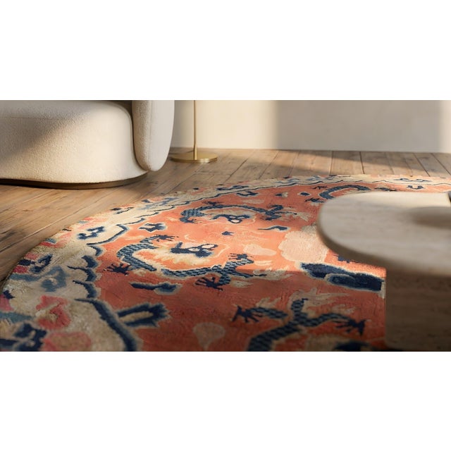 Textile Wonderful Orange Salmon Background With Special Dragon Design Antique Ningxia Round Rug For Sale - Image 7 of 7