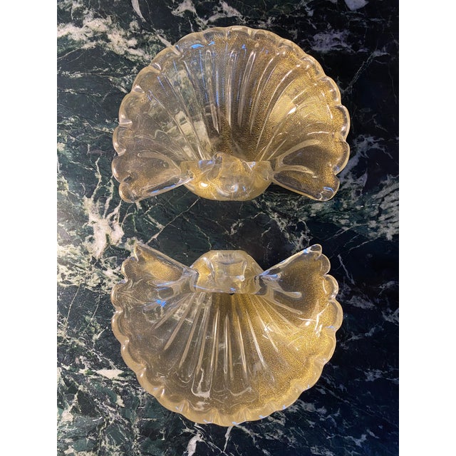 1950s Mid-Century Barovier & Toso Gold Fleck Scalloped Shell Bowls - a Pair For Sale - Image 12 of 13