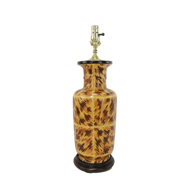 Art Deco A Pair of Early 21st-Century Hand-Painted Tortoiseshell-Patterned Art Ceramic Table Lamps For Sale - Image 3 of 11