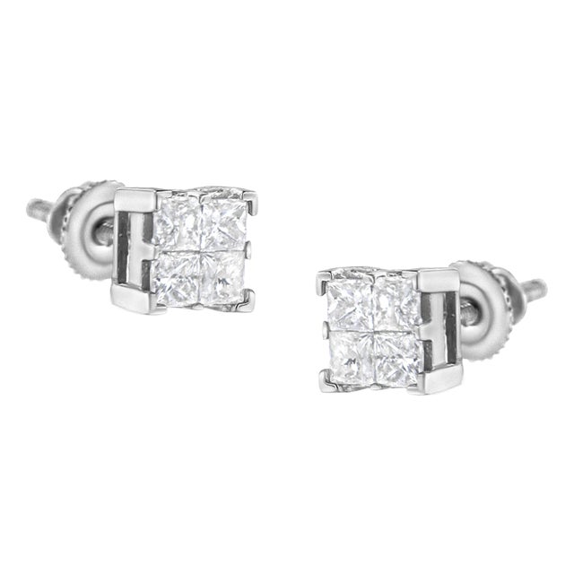 10K White Gold 3/4 Cttw Invisible Set Princess-Cut Diamond Composite Square Stud Earrings (H-I Color, SI2-I1 Clarity) - 2 Pieces For Sale