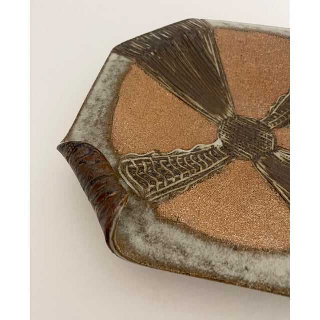 Beautiful handcrafted ceramic pottery tray. Abstract design, with shades of brown & tan. Artist signed.