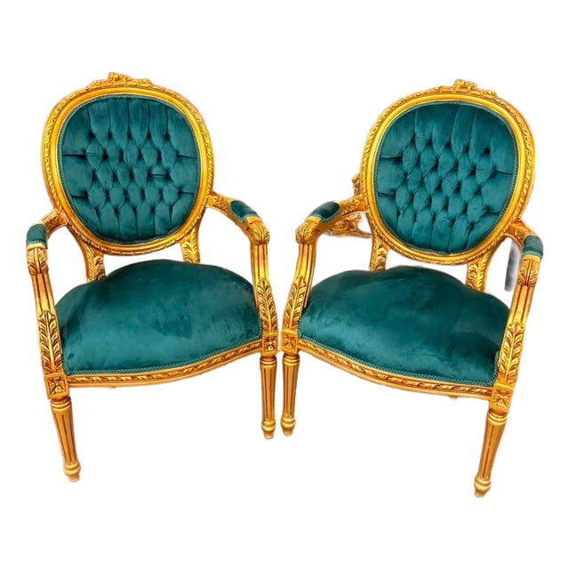 1960s Rococo Emerald Green Tufted Velvet Fauteuils Armchairs For Sale