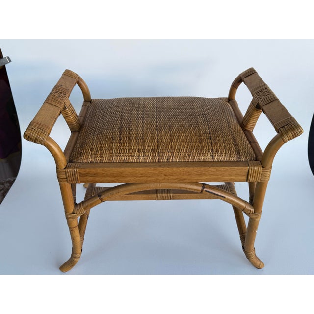 1980s Vintage Coastal Woven Rattan and Bamboo Pagoda Style Bench/ Stool For Sale - Image 5 of 5