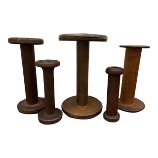 Antique Vintage Wooden Textile Spools - Set of 5 For Sale