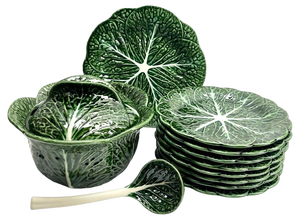 Art Nouveau Majolica Glazed Tableware with Leaves Pattern in Relief, 1930s, Set of 10