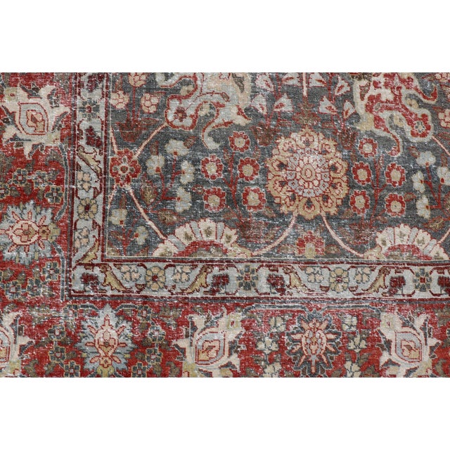 Antique Tabriz With All-Over Floral Sub-Geometric Design in Charcoal and Red 8'0 X 11'6 For Sale - Image 9 of 16
