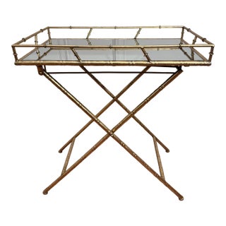Vintage Hollywood Regency Faux Bamboo Gold Finish Mirror Collapsible Tray Table For Sale