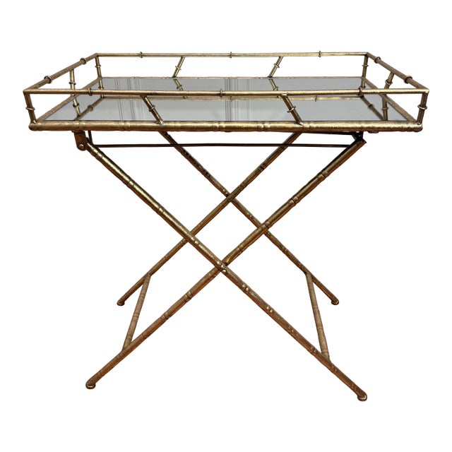 Vintage Hollywood Regency Faux Bamboo Gold Finish Mirror Collapsible Tray Table For Sale