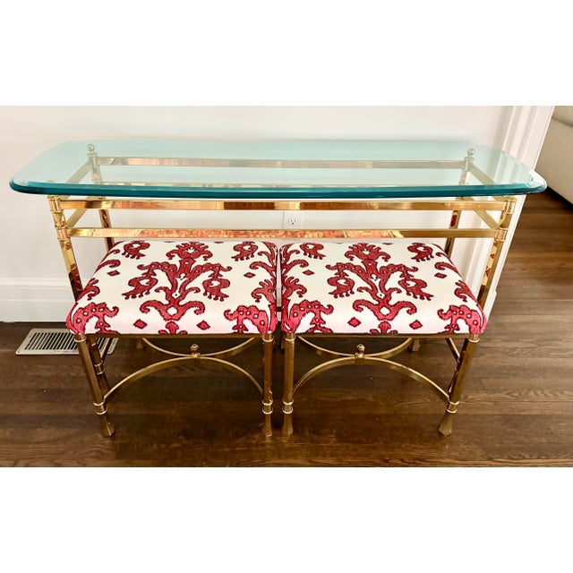 Brass & Glass Console With Pair of Upholstered Benches Stools 3 Pc For Sale - Image 9 of 11