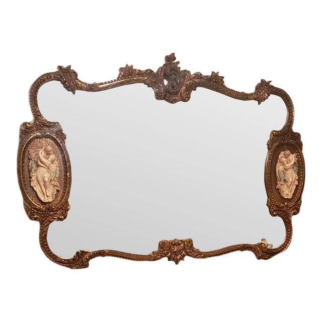 Vintage French Italian Rococo Louis XV Gold Wall Mantle Mirror Porcelain Figures For Sale