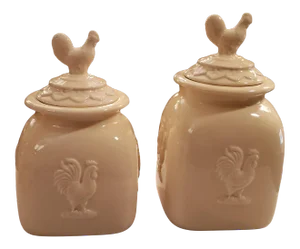 Vintage Farmhouse Off White Rooster Theme Pottery Jars- Set of 2