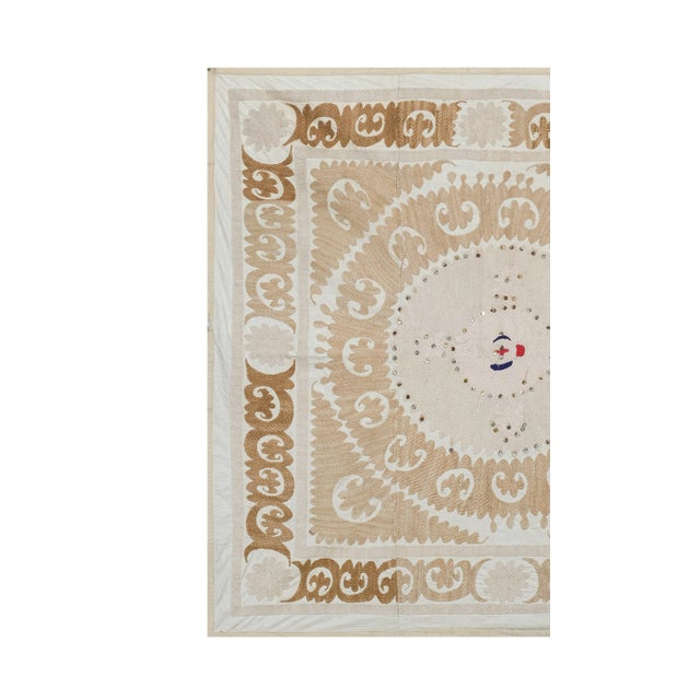 Mid-Century Modern Suzani Wall Hanging Decor - Uzbek Table Cloth - Uzbek Embroidery Neutral Textile, Bohemian Ethnic Tapestry 4'3'' X 4'5'' For Sale - Image 3 of 10