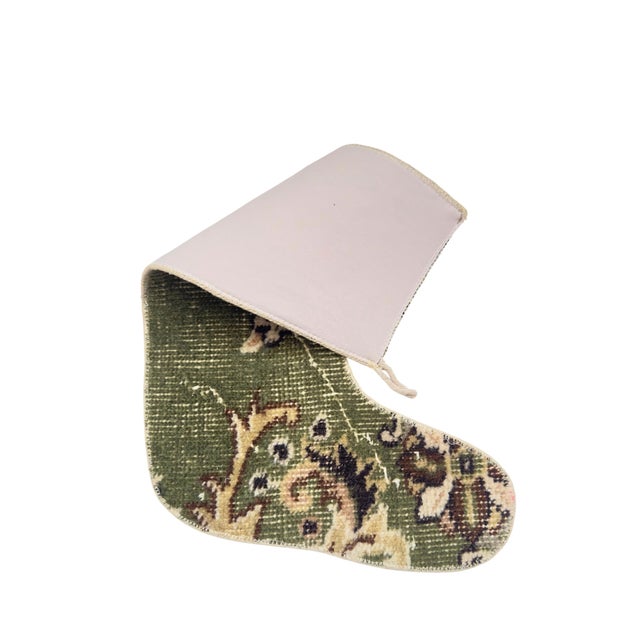 Two-Tone Vintage Kilim Christmas Stocking, Olive Green & Gray Floral Wool, 11.8 X 17.7 in – One of a Kind Decor For Sale - Image 4 of 6
