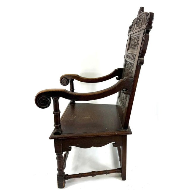 Rare Dated 1670 Museum-Quality 17th C. Charles II English Oak Yorkshire Wainscot Armchair For Sale - Image 10 of 13