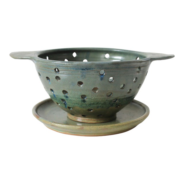 Vintage Glazed Studio Art Pottery Berry Strainer W/ Saucer For Sale