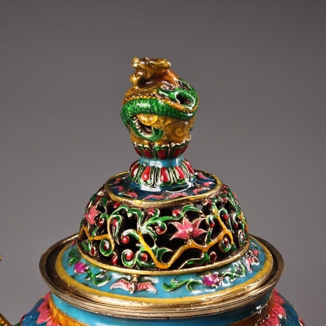 Late 20th Century Cloisonné Enamel Censer With Dragon Handles and Floral Motifs For Sale In Los Angeles - Image 6 of 9