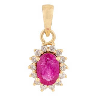 Peitite Certified Natural Ruby & Diamond Halo Cluster Pendant in 14k Yellow Gold For Sale