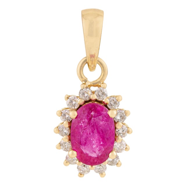 Peitite Certified Natural Ruby & Diamond Halo Cluster Pendant in 14k Yellow Gold For Sale