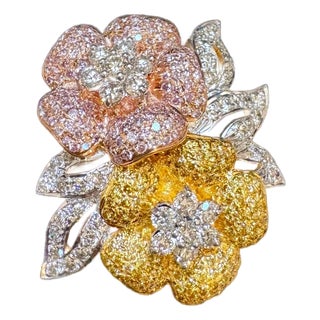 4 Ct Natural Fancy Color Diamond Flower Pin/ Brooch in 18 Kt Multi Color Gold For Sale
