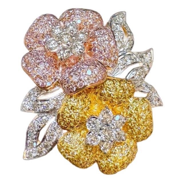 4 Ct Natural Fancy Color Diamond Flower Pin/ Brooch in 18 Kt Multi Color Gold For Sale