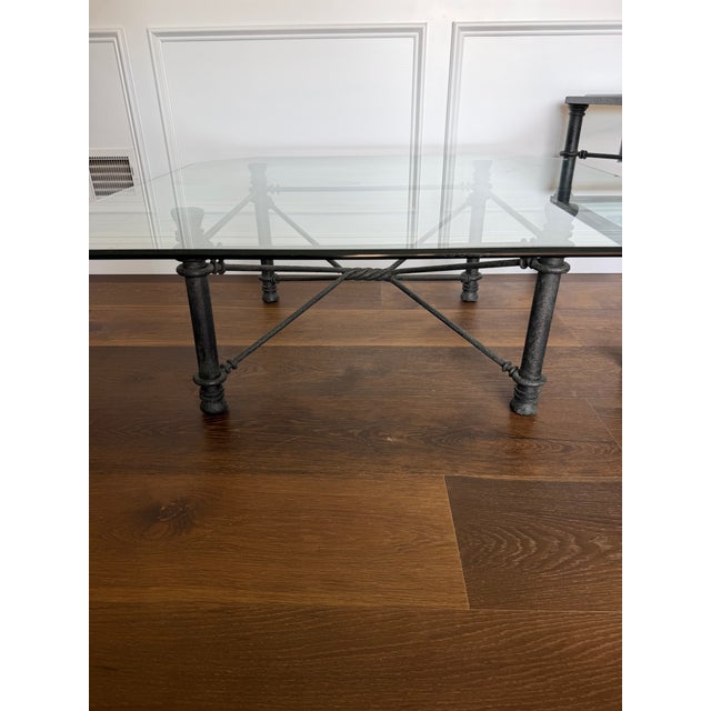 1980s Vintage Postmodern Glass & Faux-Bamboo Iron Table Set | Coffee Table + Matching Side Tables For Sale - Image 5 of 12