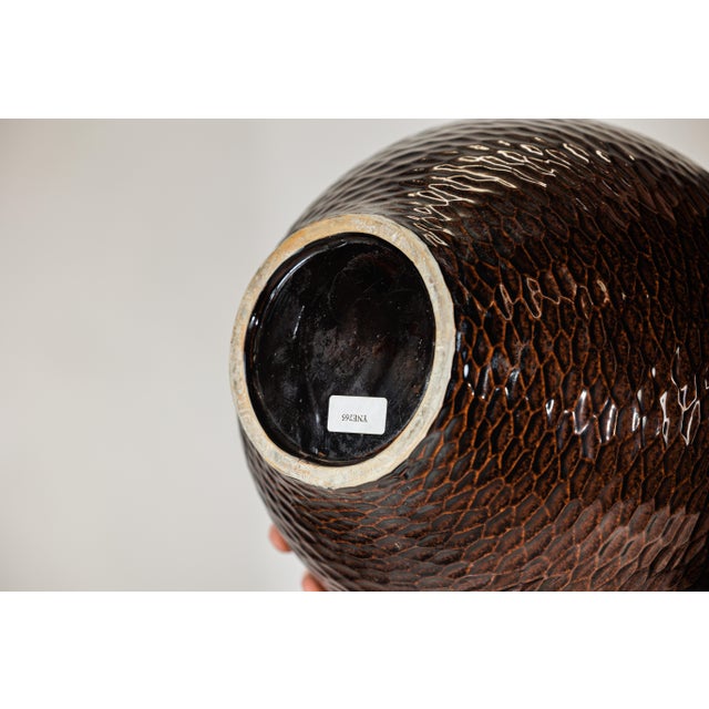 Large Deep Mahogany Brown Artisan Ceramic Vase with Honeycomb Texture For Sale - Image 12 of 18