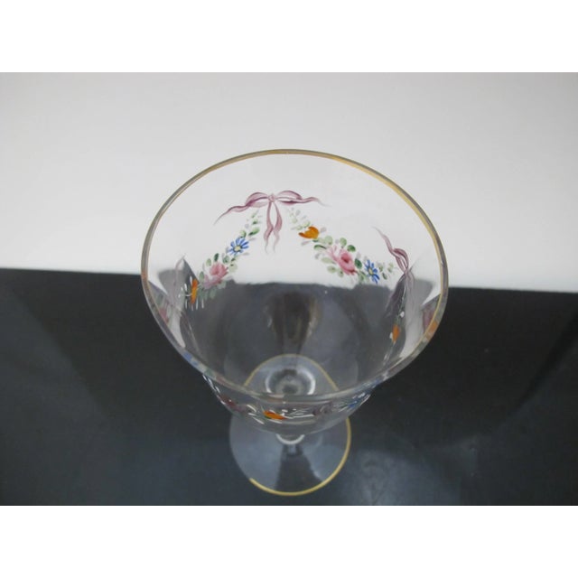 Early 20th Century Vintage Hand Painted Colorful Flower & Ribbon Bows Gold Trim Wine Glass For Sale - Image 5 of 7
