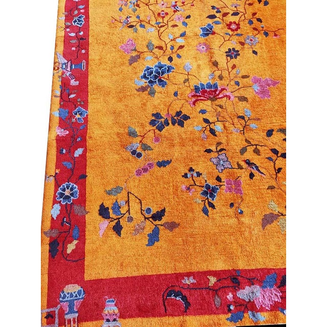 Textile 1920s Canary Yellow Floral Sprays Antique Chinese Art Deco Carpet 6'2" X 8'8" Knotted Wool Rug For Sale - Image 7 of 9