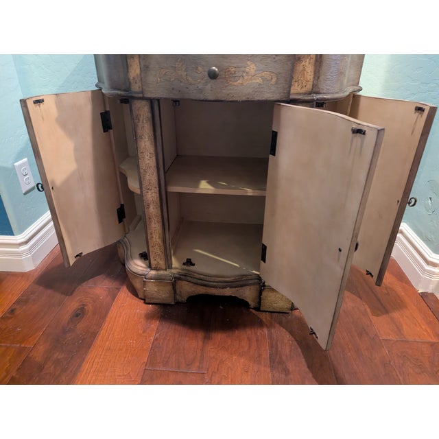 French Provincial Curved, Inlaid Wood, Stenciled Console Commode Table For Sale - Image 3 of 15