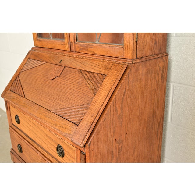 Antique English Art Deco Carved Oak Drop Front Secretary Desk With Leaded Glass Bookcase Hutch For Sale - Image 10 of 17