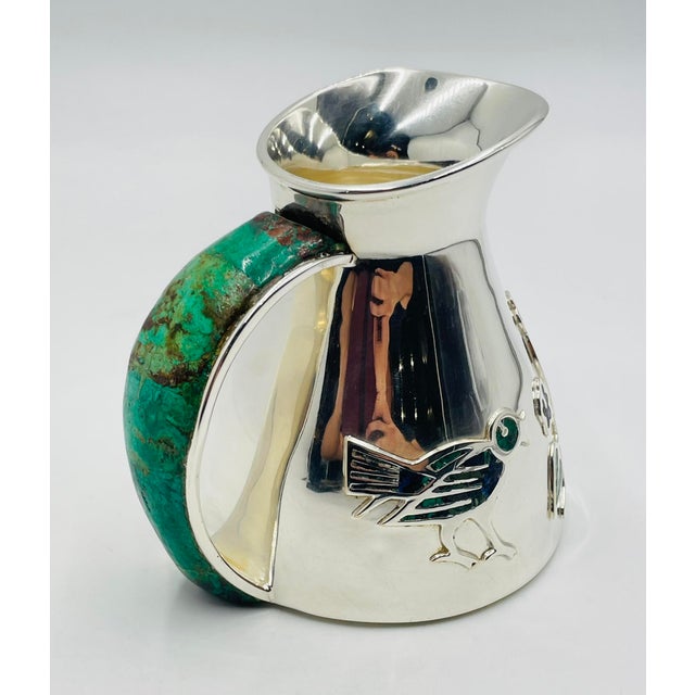 1960s 1960s Los Castillo Taxco Malachite & Silver Plate Bird Pitcher For Sale - Image 5 of 18