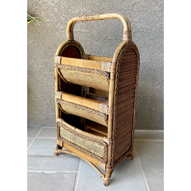 Mid 20th-Century Stylishly Functional Bamboo & Rattan 3-Tier Catchall "Basket" Media Storage Stand For Sale In Austin - Image 6 of 12