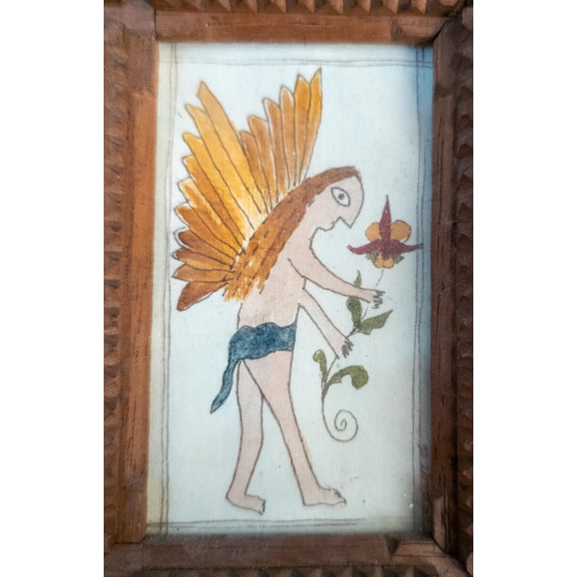 Early 20th Century Folk Art Tramp Art Double Picture Frame With Watercolors For Sale - Image 10 of 15