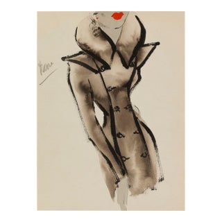 Vintage French Fashion Art Print – Brown Coat Illustration With Red Lips, 18" X 24" For Sale