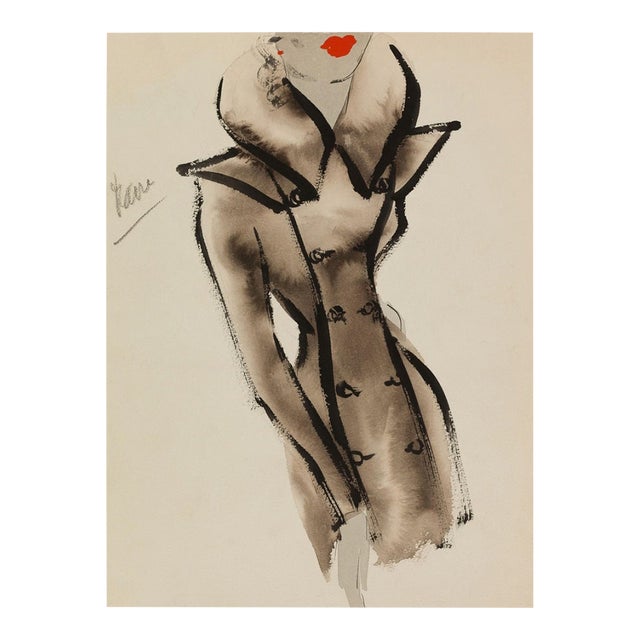 Vintage French Fashion Art Print – Brown Coat Illustration With Red Lips, 18" X 24" For Sale