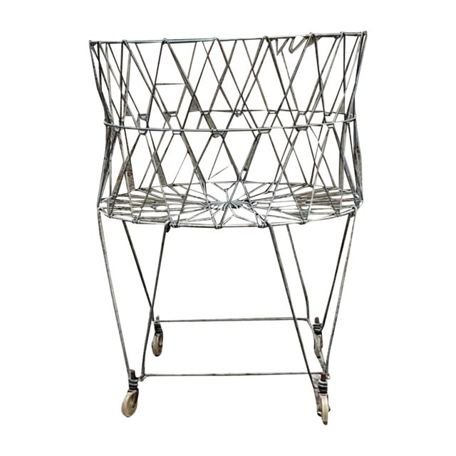 Antique Wire Laundry Basket Wheeled Collapsible For Sale