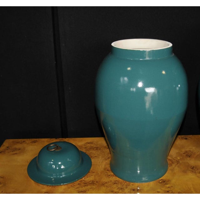 Pair of Chinese Kangxi style porcelain ginger urns in green - Great look to this pair, very eye-catching. Dimensions are...