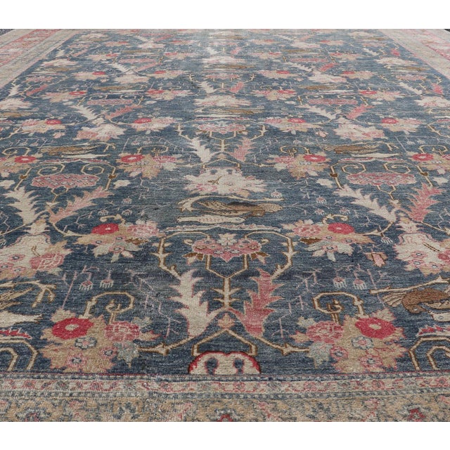 Blue Antique Persian Tabriz Rug With Brid Design in Blue 8'8 X 12' For Sale - Image 8 of 16