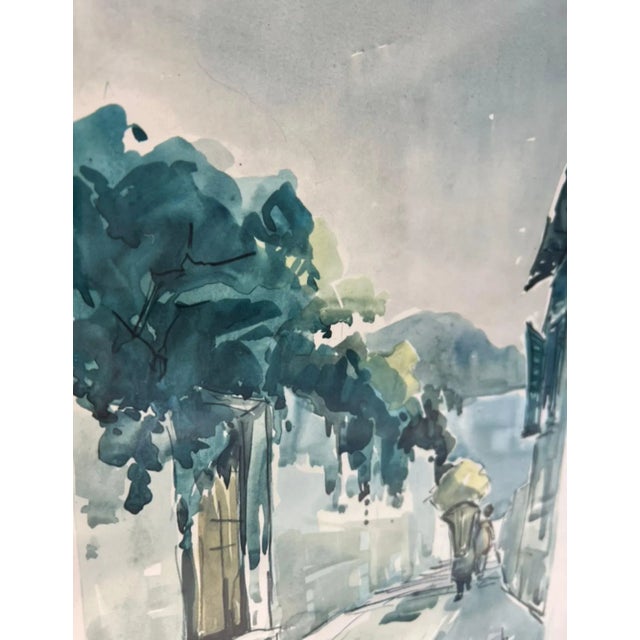 Vintage Framed Watercolor Street Scene With Parasol, Signed For Sale - Image 4 of 9