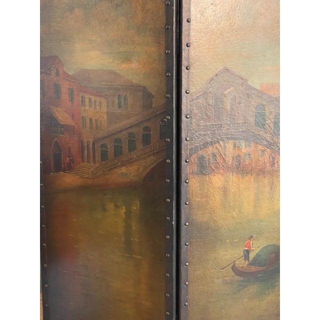 Antique Italian Ponte Rialto Handpainted Parchment Leather Floor Screen For Sale - Image 11 of 18
